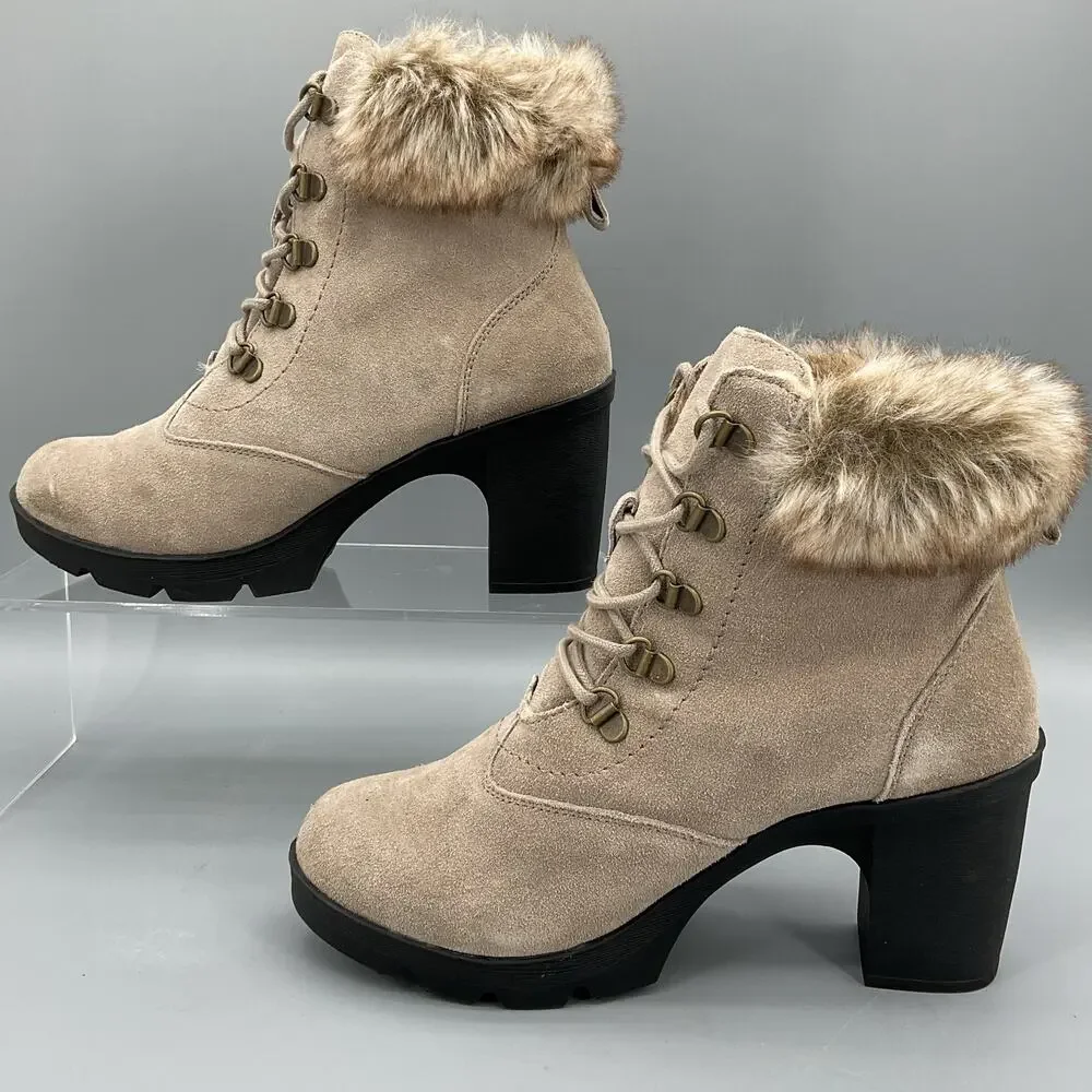 NEW Bearpaw Women’s Marlowe Suede Heeled Boots Mushroom Size 7